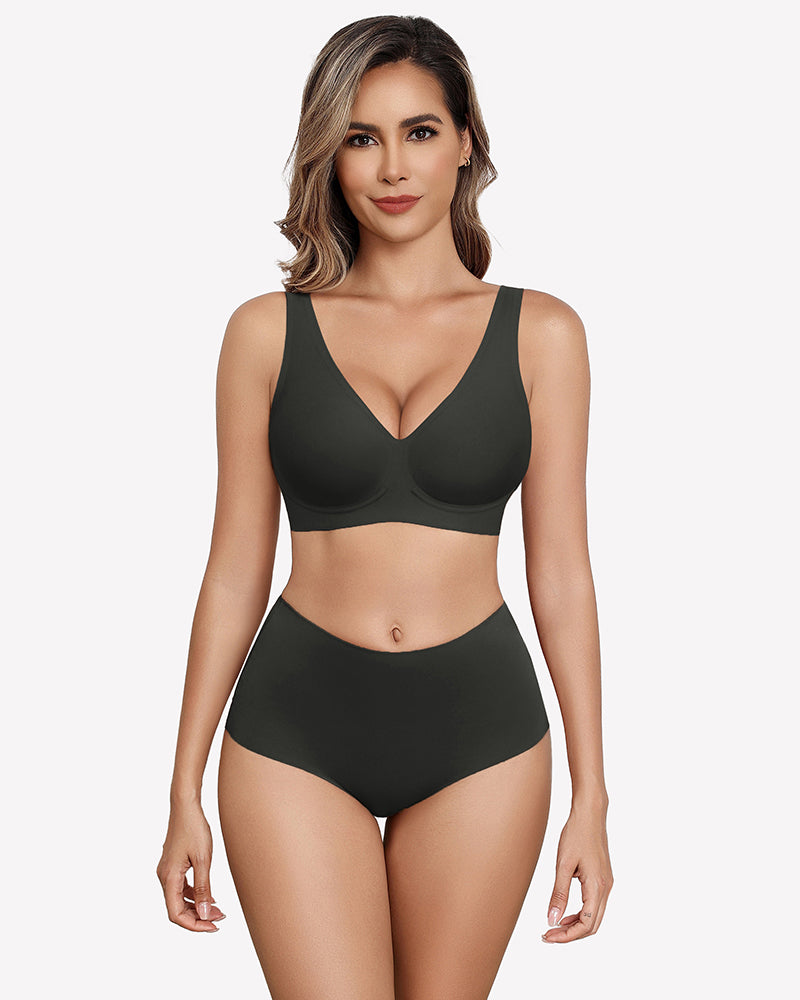 Dark green seamless V-neck bra and underwear set, comfortable and breathable full coverage lingerie