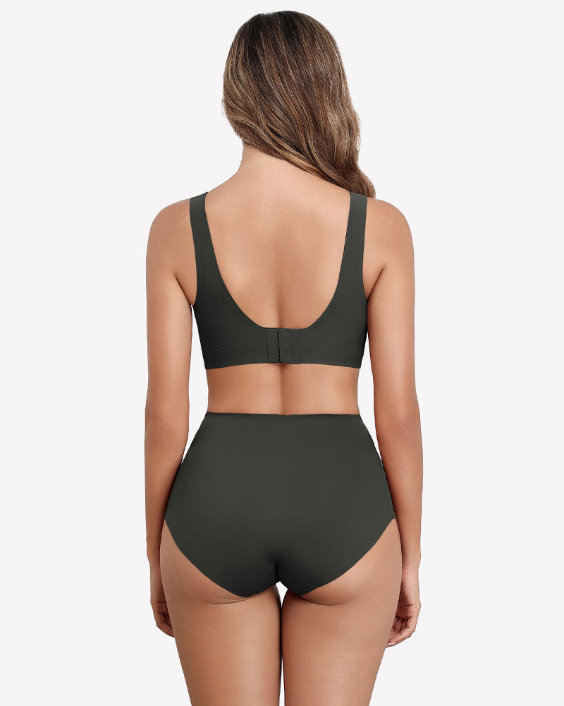 Seamless dark green V-neck bra and underwear set, comfortable full coverage lingerie