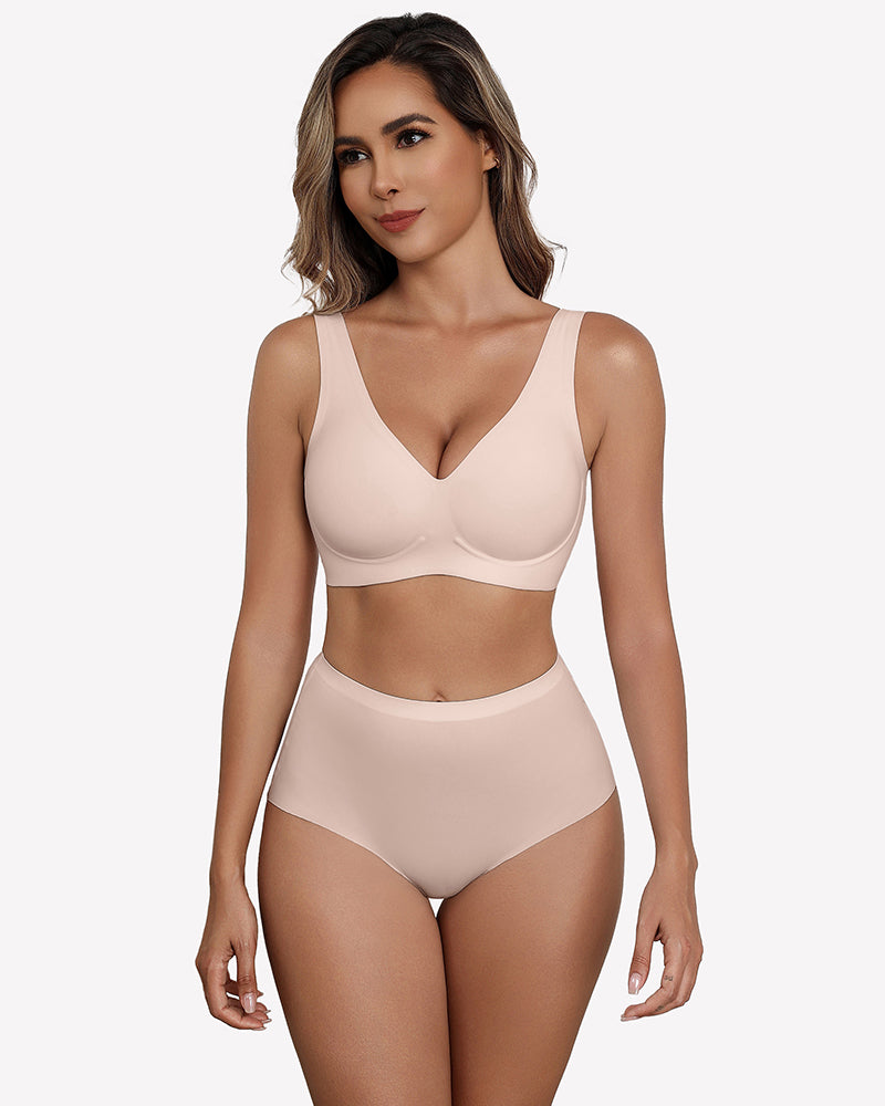 Beige seamless V-neck bra and underwear set, comfortable and breathable, perfect for everyday wear