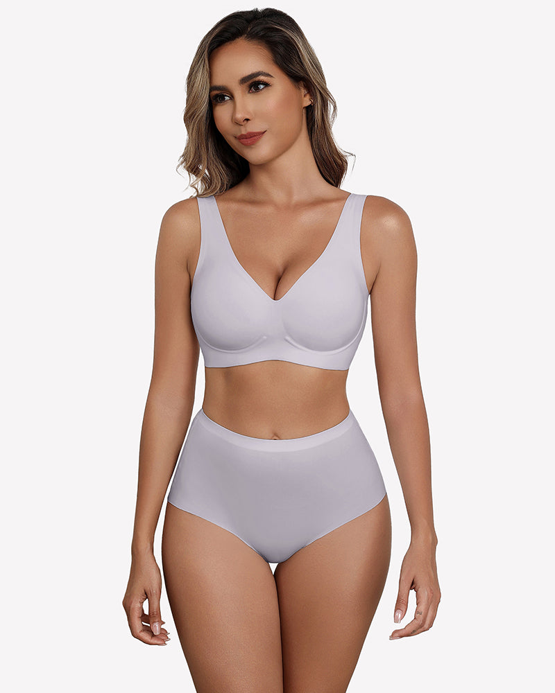 Light purple seamless V-neck bra and underwear set, comfortable full coverage lingerie for women