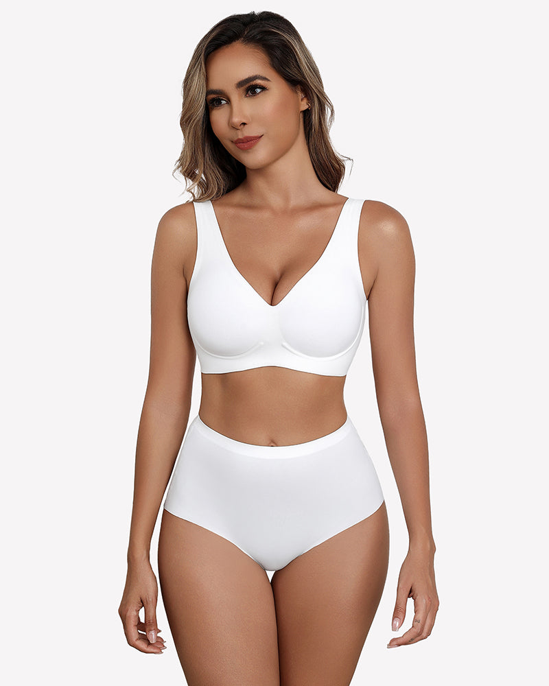 White seamless V-neck bra and underwear set, full coverage, comfortable and breathable lingerie