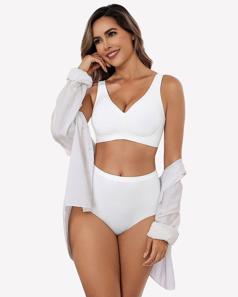 White seamless V-neck bra and underwear set, comfortable full coverage lingerie