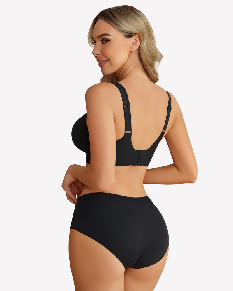 Black wireless push-up bra and briefs, comfortable support and natural shape.