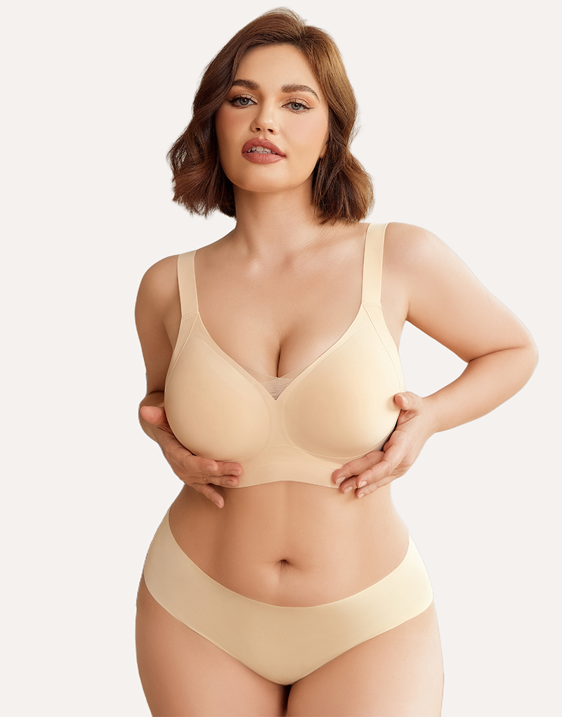 Beige wireless push-up bra set, comfortable support and natural shape, skin-friendly material.