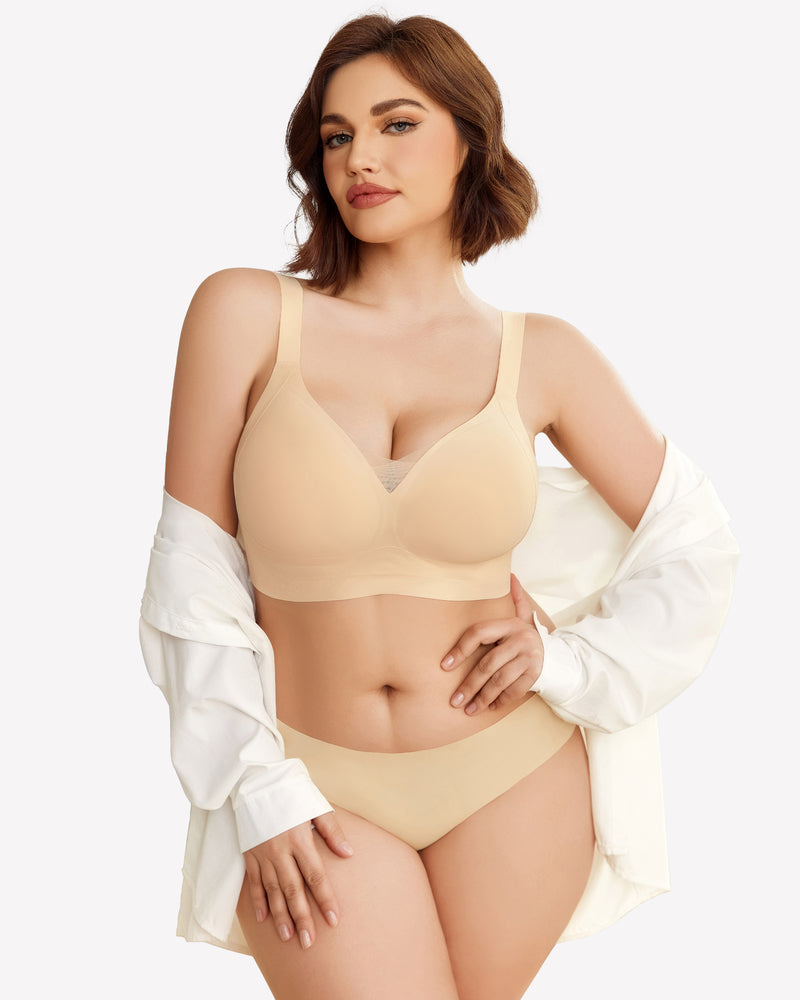 Comfortable beige wireless push-up bra and briefs set, offering support and a natural shape.