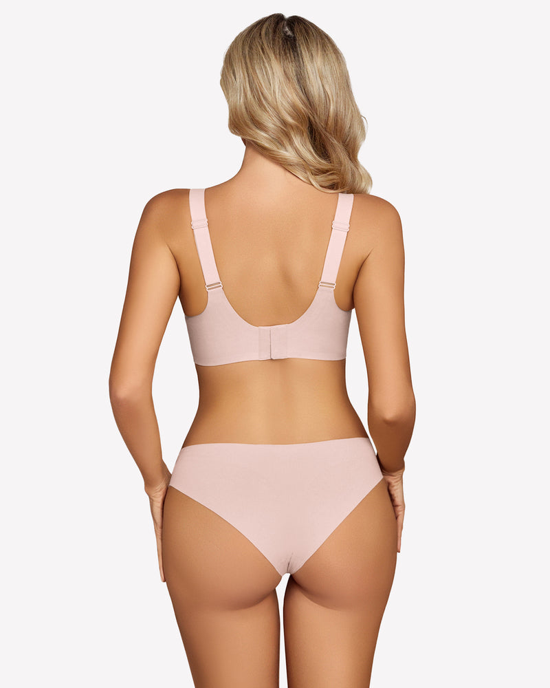 Seamless blush pink bra and underwear set. Smooth, comfortable fit. No underwire, silky feel.