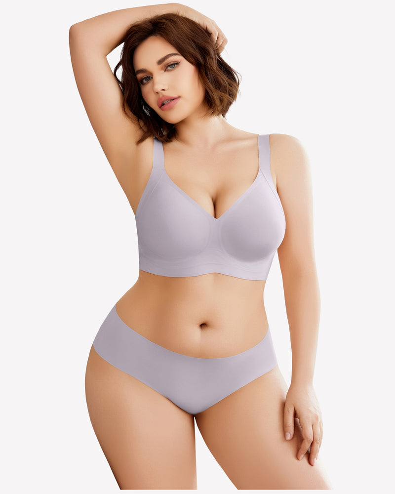 Seamless light purple bra and underwear set. Smooth, comfortable fit, no underwire design.