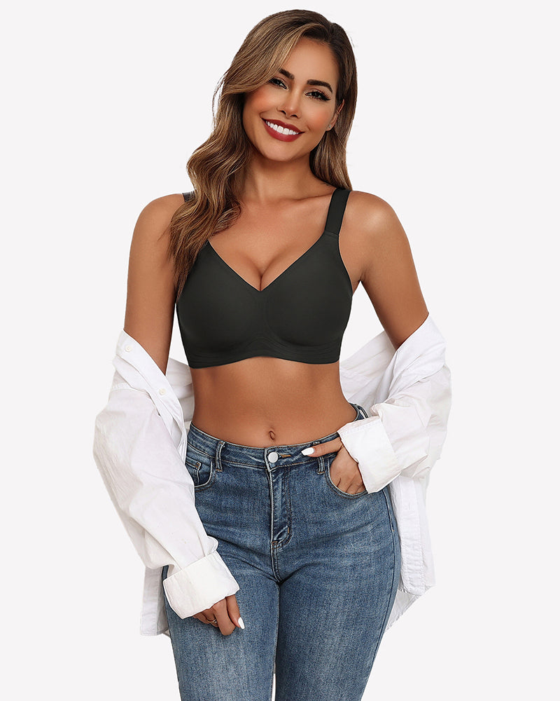 Black seamless push-up wireless bra, full coverage, comfortable support, paired with jeans