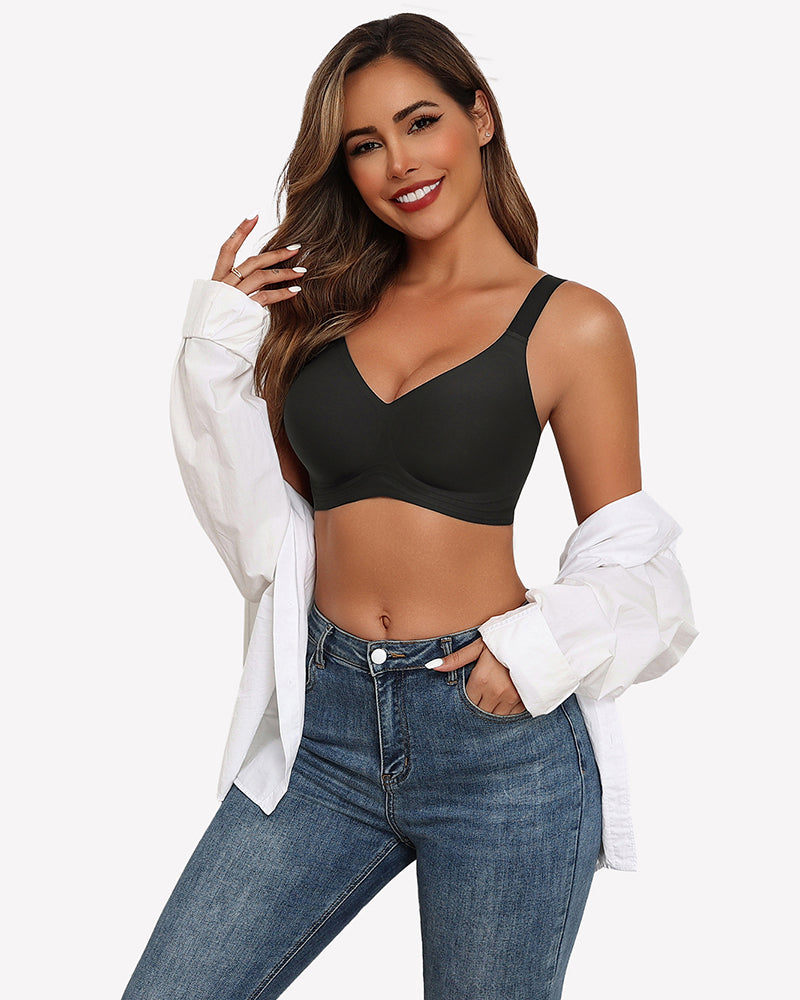 Seamless black push-up wireless bra, full coverage, comfortable support, paired with jeans