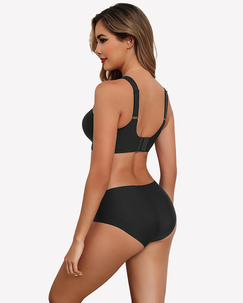 Black seamless push-up wireless bra and boy shorts set, full coverage, comfortable support