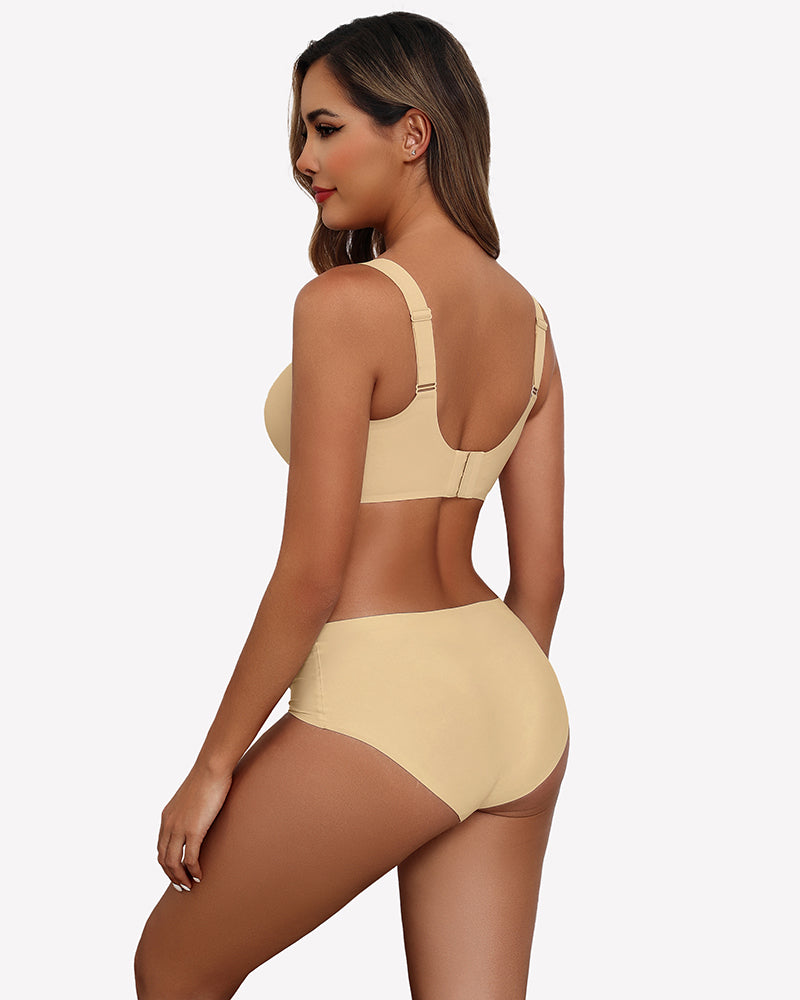 Beige seamless push-up wireless bra and boy shorts set, full coverage, comfortable support