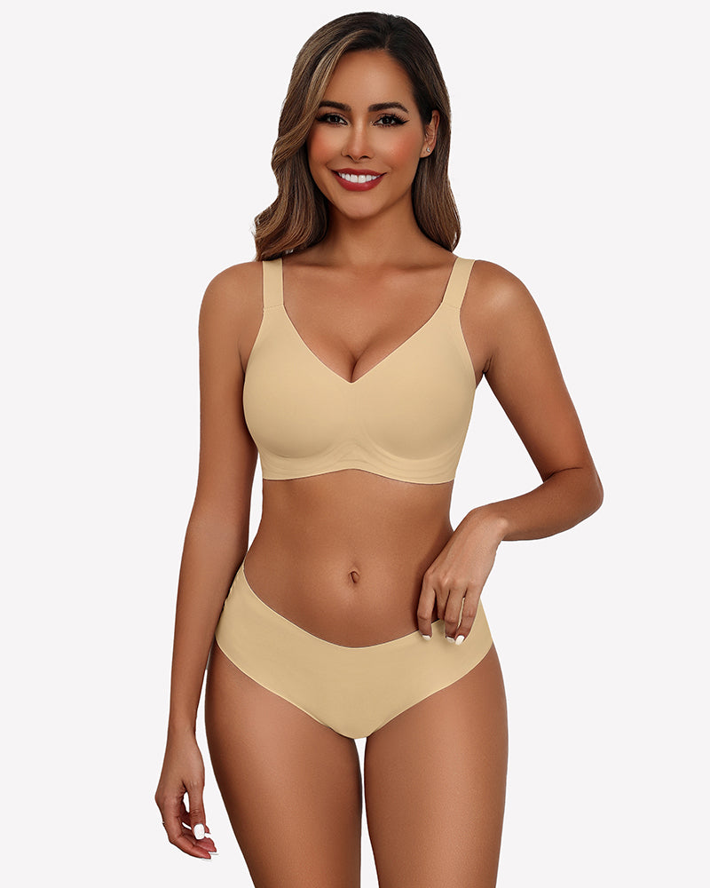 Beige seamless push-up wireless bra and boy shorts set, comfortable full coverage