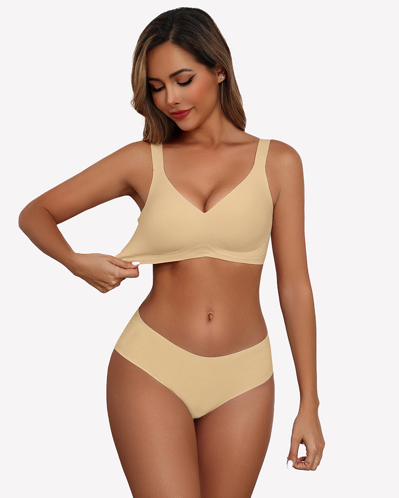 Seamless beige push-up wireless bra and boy shorts set, full coverage, comfortable
