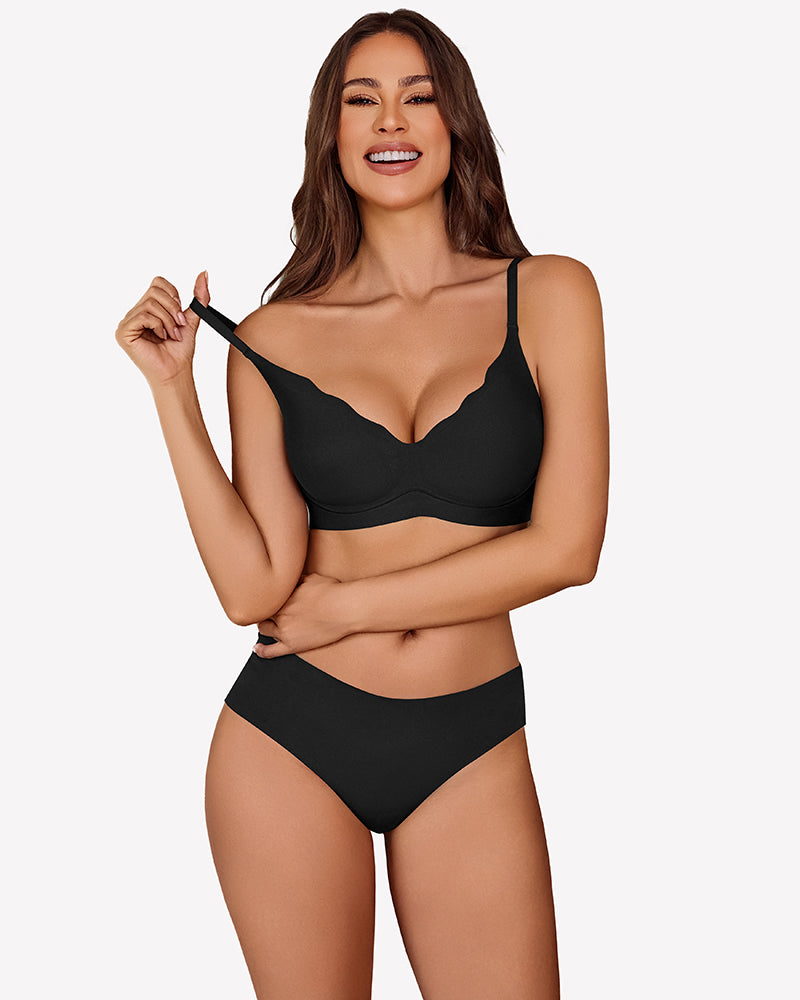 Black seamless push-up wireless bra with scalloped V-neck design and matching underwear set
