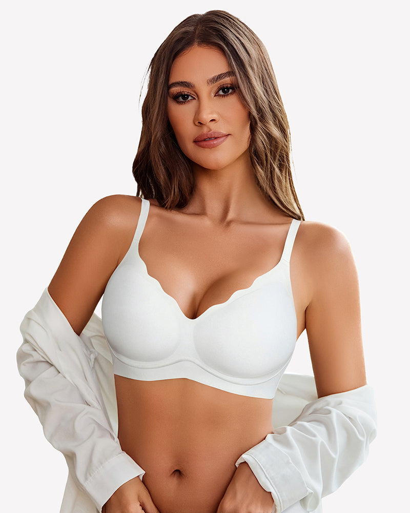 White seamless push-up wireless full bra with scalloped V-neck design, comfortable and supportive
