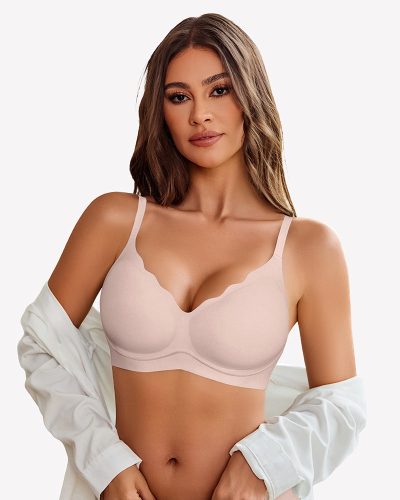 Nude seamless push up wireless full bra with scalloped V-neck design, comfortable and supportive