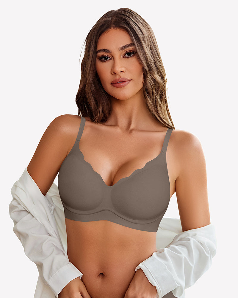 Taupe seamless push-up wireless bra with scalloped V-neck, comfortable and supportive.