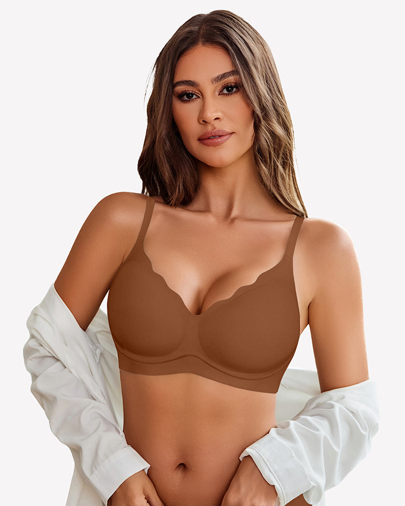 Taupe seamless push-up wireless bra with scalloped V-neck, comfortable and supportive