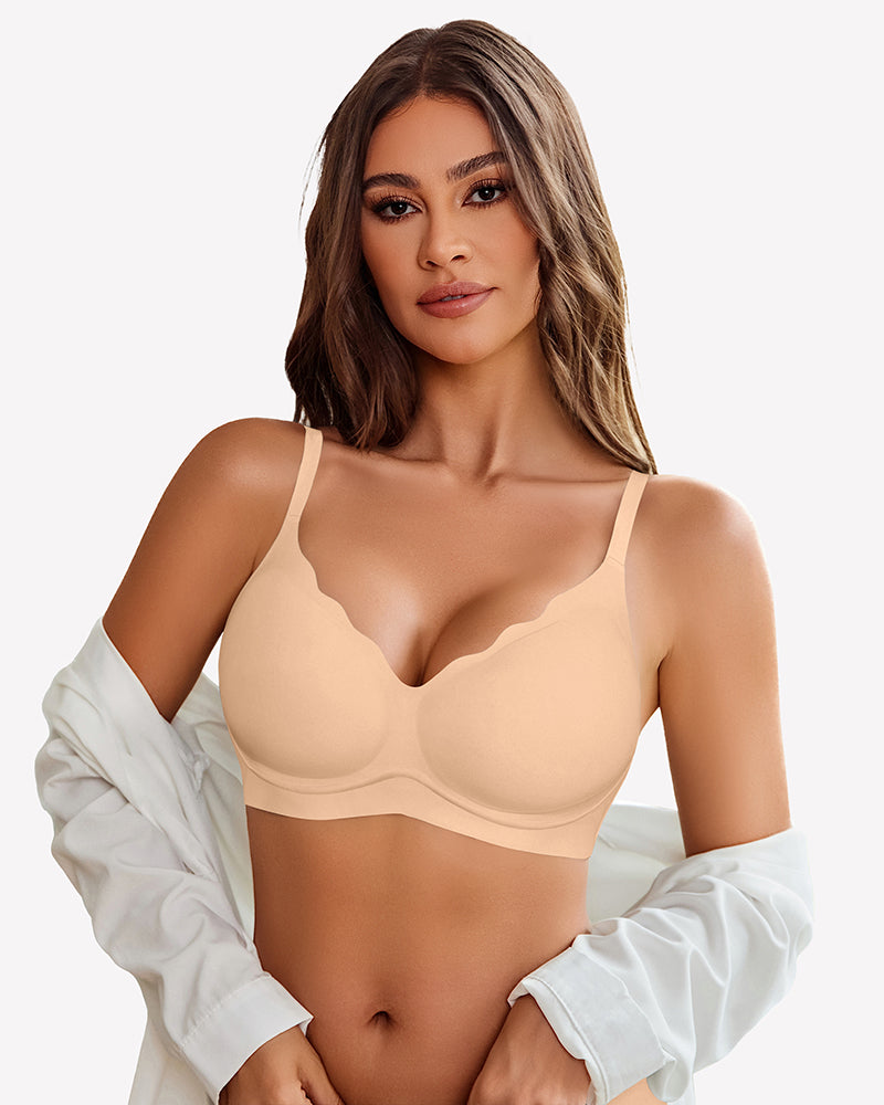 Beige seamless push-up wireless bra with scalloped V-neck design, comfortable and supportive.