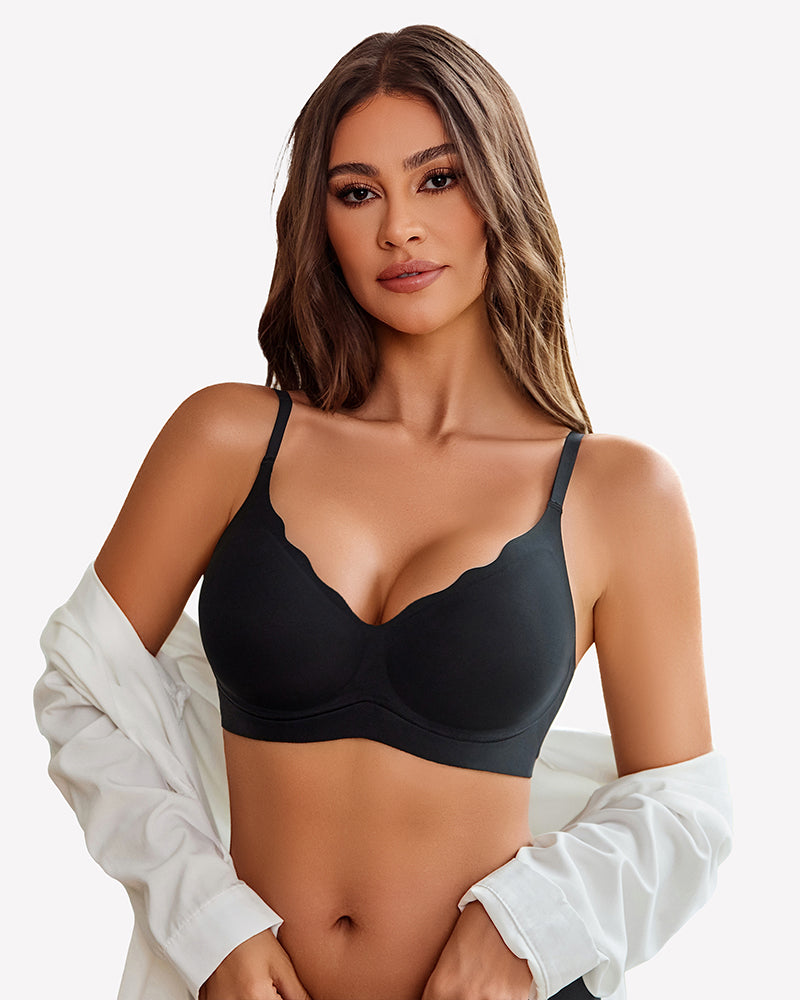 Black seamless push-up wireless bra with scalloped V-neck design, comfortable and supportive