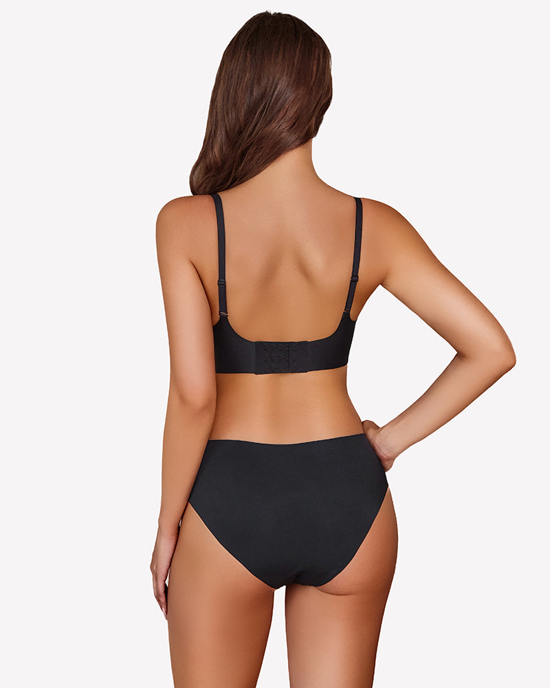 Black seamless push-up wireless bra with scalloped V-neck and matching underwear set