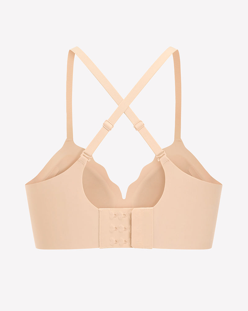 Beige seamless push-up wireless bra with scalloped V-neck, comfortable and supportive