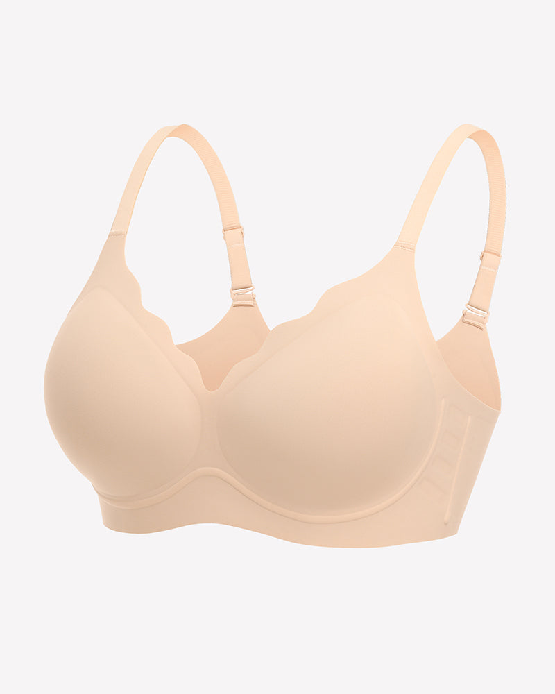 Beige seamless push-up wireless full bra with scalloped V-neck design and adjustable straps
