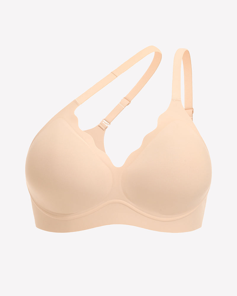 Beige wireless push-up bra with scalloped V-neck, adjustable straps, and full coverage
