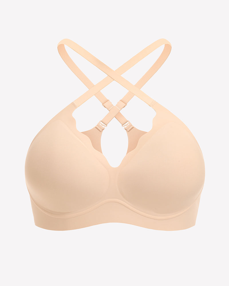 Beige wireless push-up bra with scalloped V-neck, adjustable straps