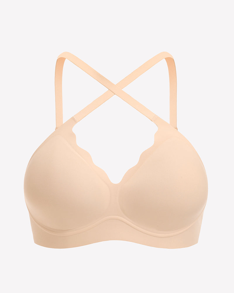 Seamless beige push-up wireless bra with scalloped V-neck and adjustable straps