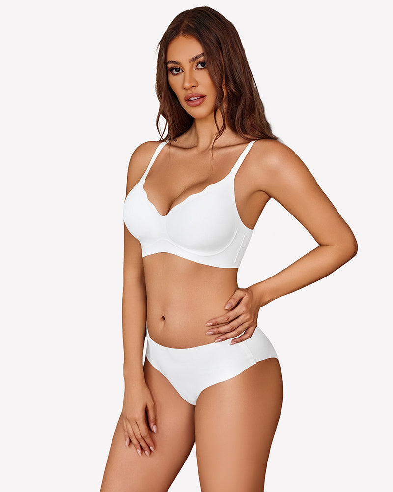 Seamless white push-up wireless bra with scalloped V-neck and matching underwear set