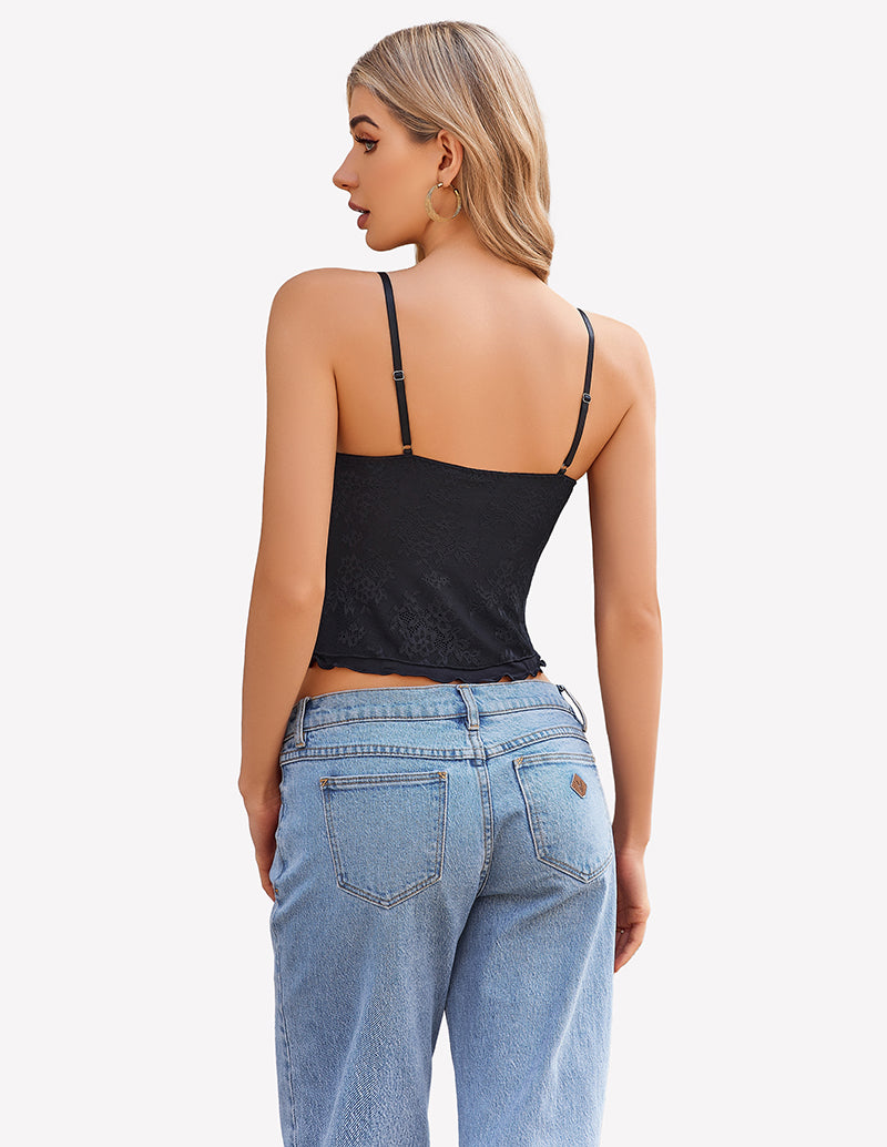 Black lace Y2k tank top with spaghetti straps, paired with light wash jeans.