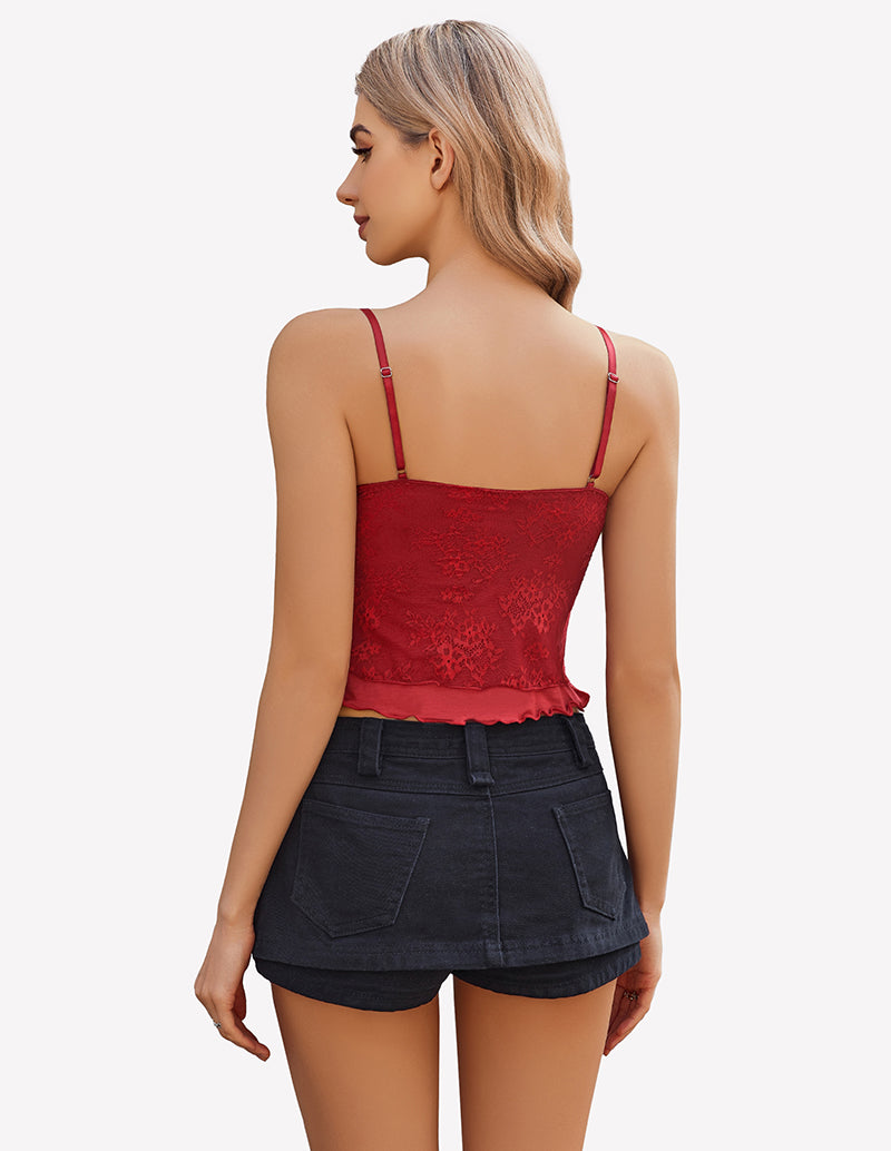Red Y2k lace tank top with spaghetti straps and black denim shorts. Y2k lace top for women.