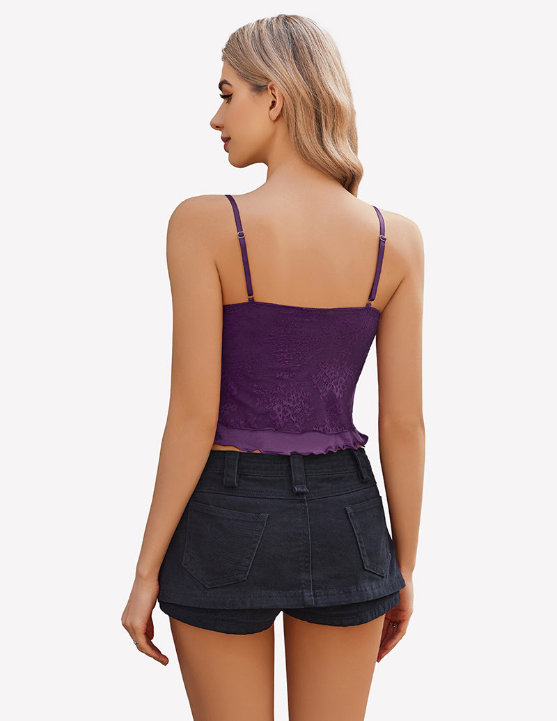 Purple Y2k lace tank top with spaghetti straps and black denim shorts. Summer lace top for women