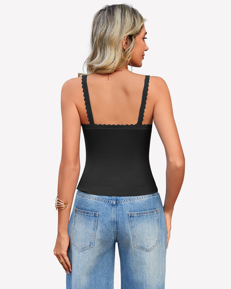 Black Y2k square neck lace trim tank top with lace detail, perfect for date nights and daily wear.