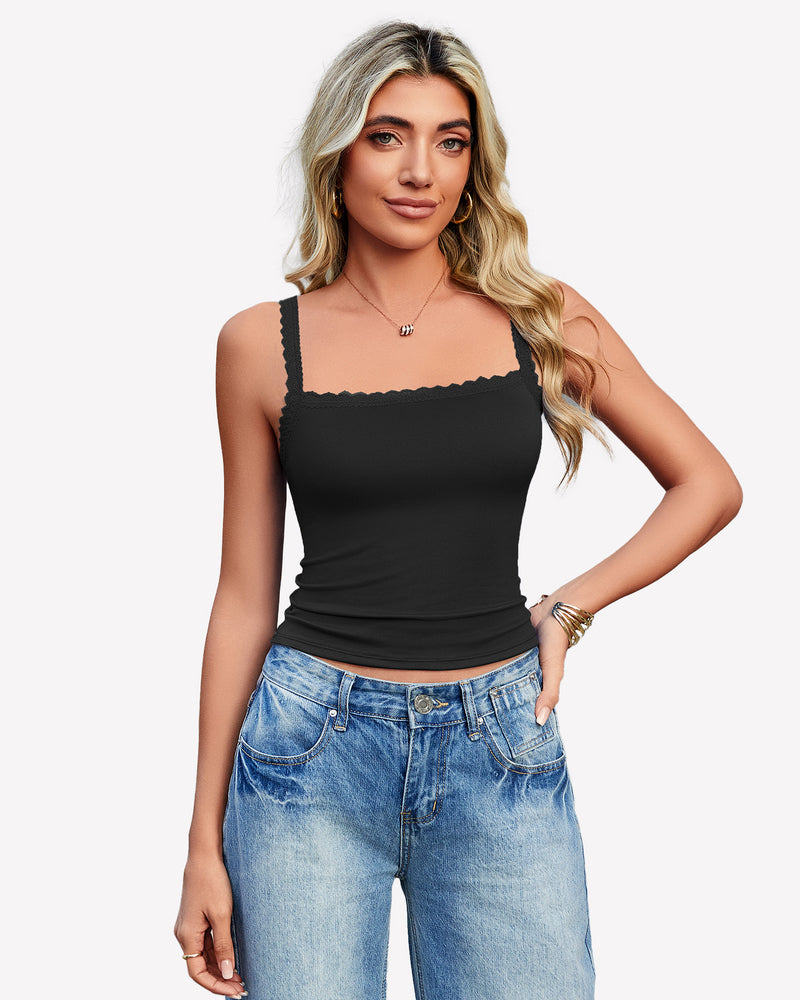 Black Y2k square neck lace trim tank top with lace detail, ideal for date nights and daily wear.
