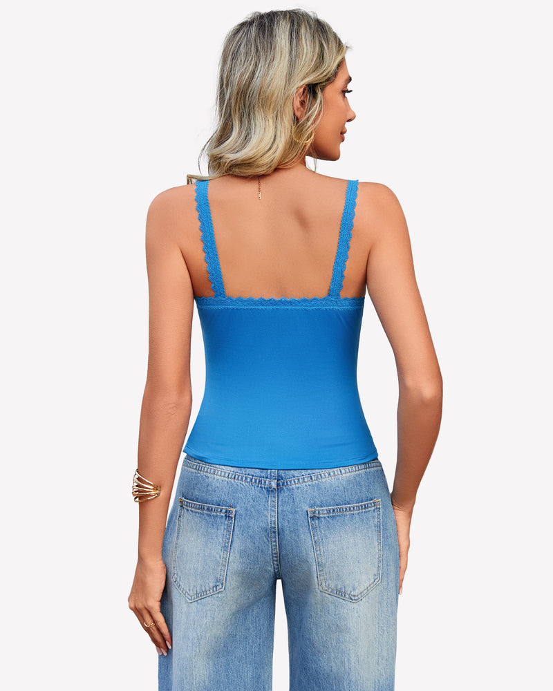 Light blue lace trim Y2k square neck tank top, perfect for date nights and daily wear.