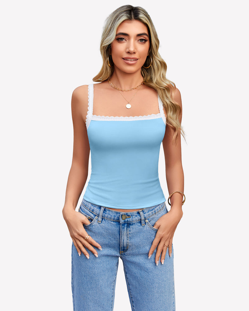 Light blue square neck lace trim tank top, perfect for daily wear and date nights