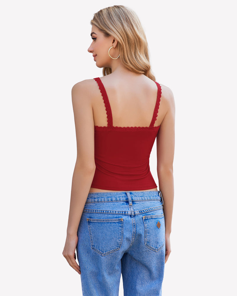 Red Y2k square neck lace trim tank top with lace detail, ideal for date nights and daily wear.