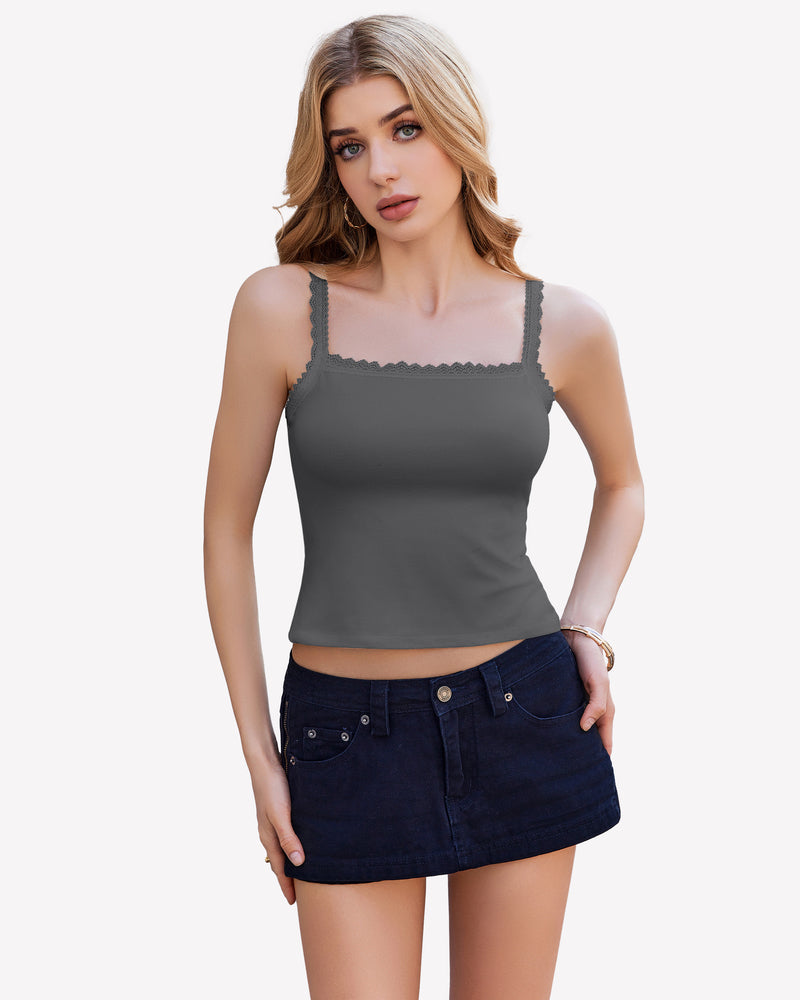 Dark gray Y2k square neck lace trim tank top with lace detail. Ideal for date nights and daily wear.