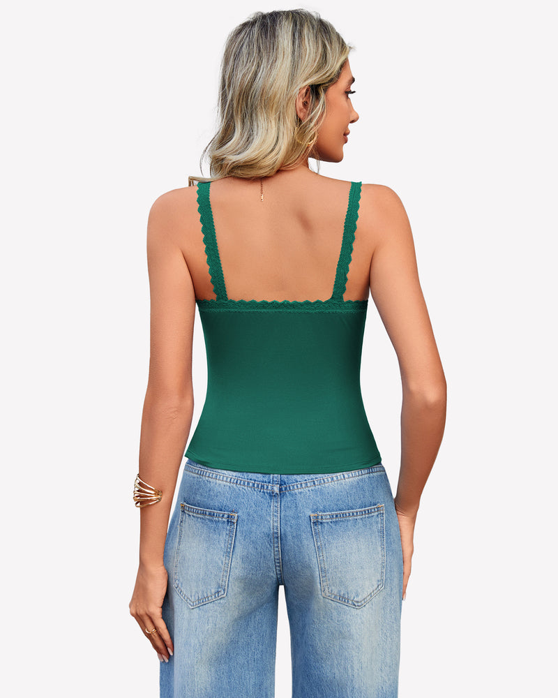 Dark green Y2k square neck lace trim tank top, perfect for date nights and daily wear.