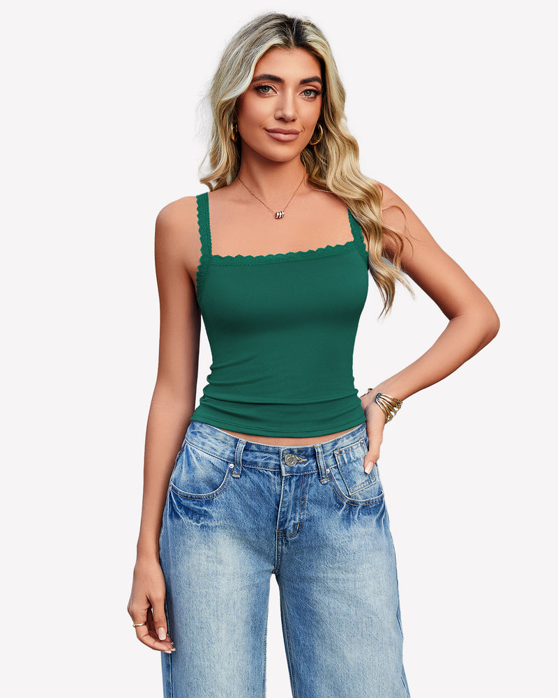 Green Y2k square neck lace trim tank top with lace detail, ideal for date nights and daily wear.