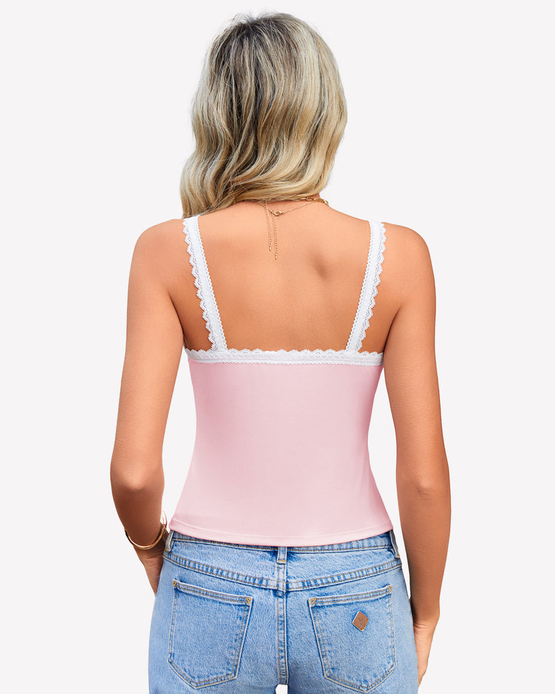 Pink Y2k square neck lace trim tank top, ideal for date nights and daily wear.