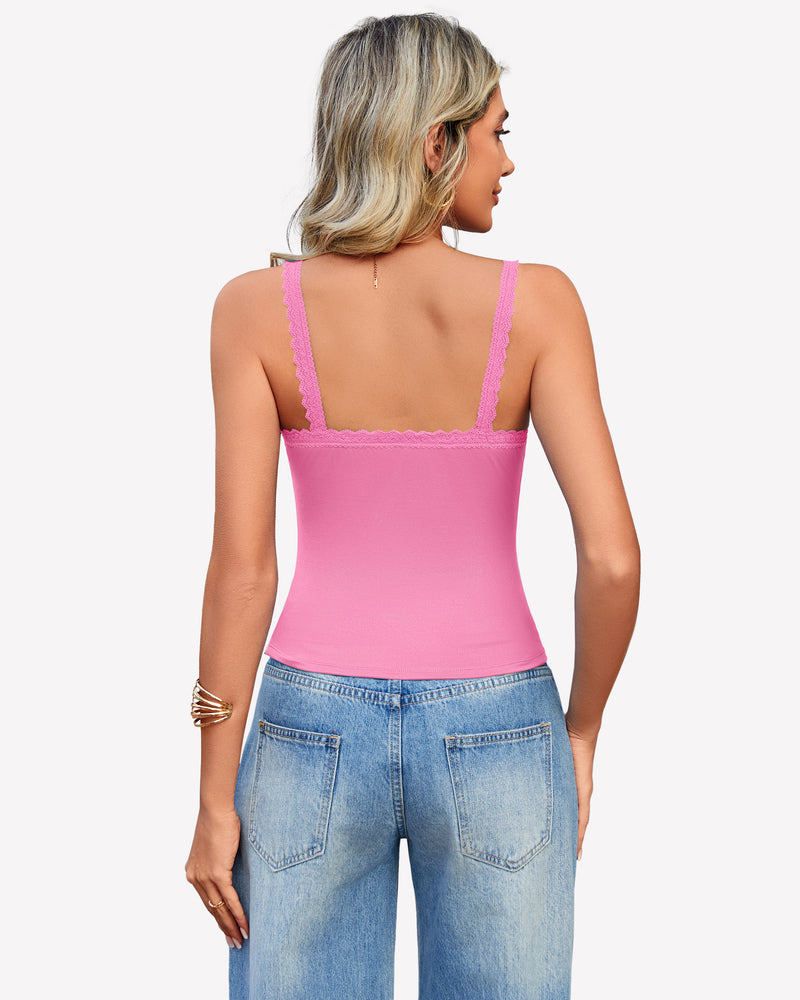 Pink Y2k square neck lace trim tank top, perfect for date nights and daily wear.