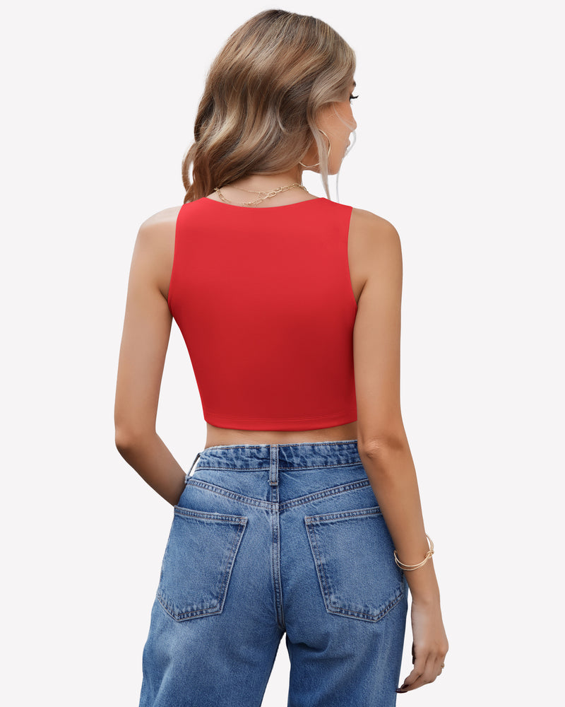 Avidlove red racerback crop top and blue jeans. Trendy and effortless style.