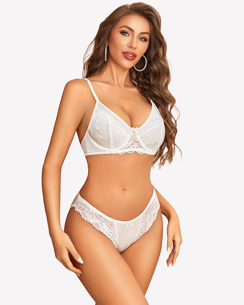White satin lace unlined bra and panty set. Sexy lingerie for special nights and lingerie parties.