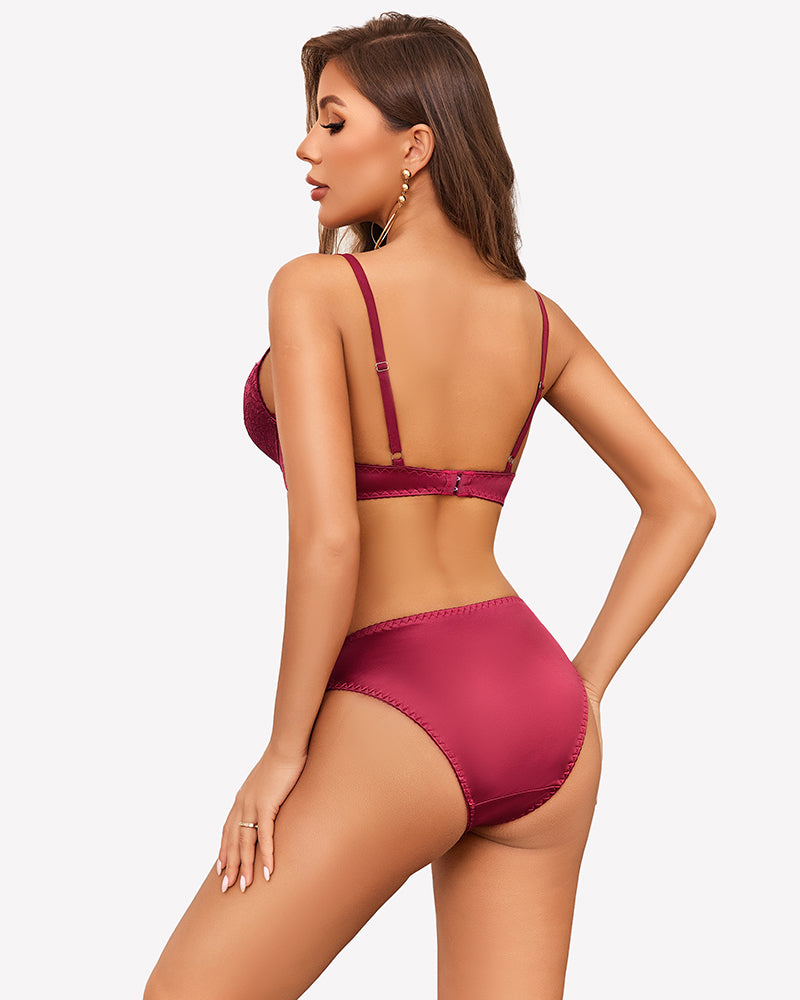 Burgundy satin lace lingerie set, unlined bra and low-rise panty. Sexy lingerie for special nights.