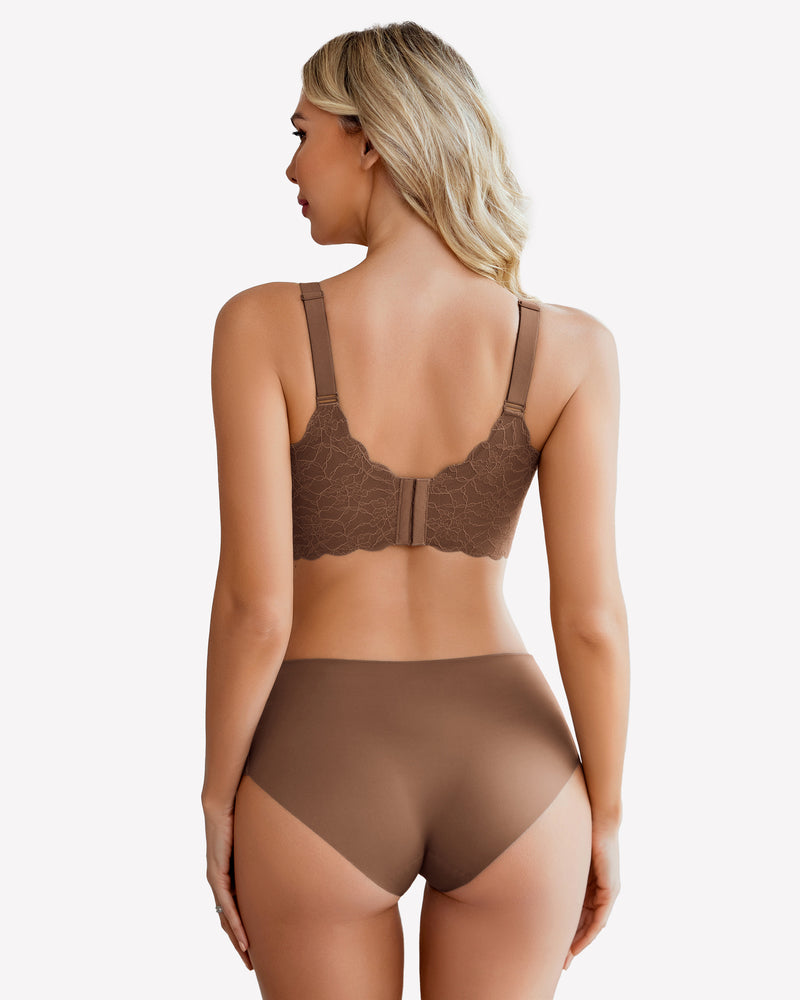 Brown lace full coverage bra and underwear set, offering support and coverage.