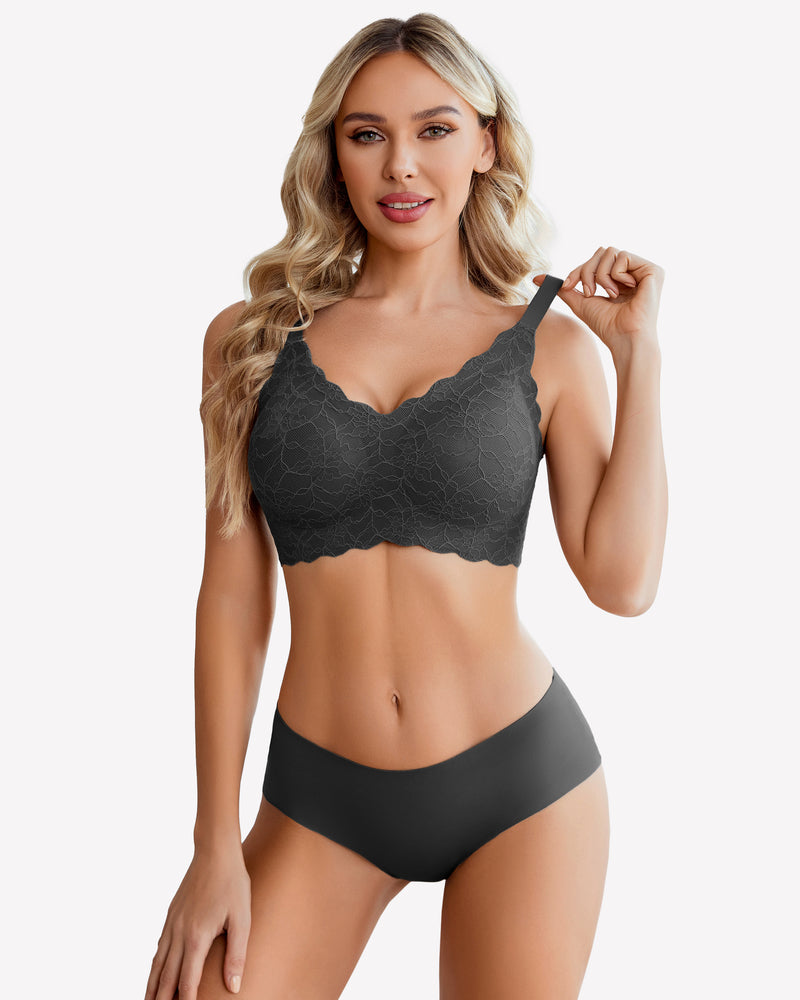 Dark gray lace wireless full coverage bra and underwear set, comfortable and supportive.