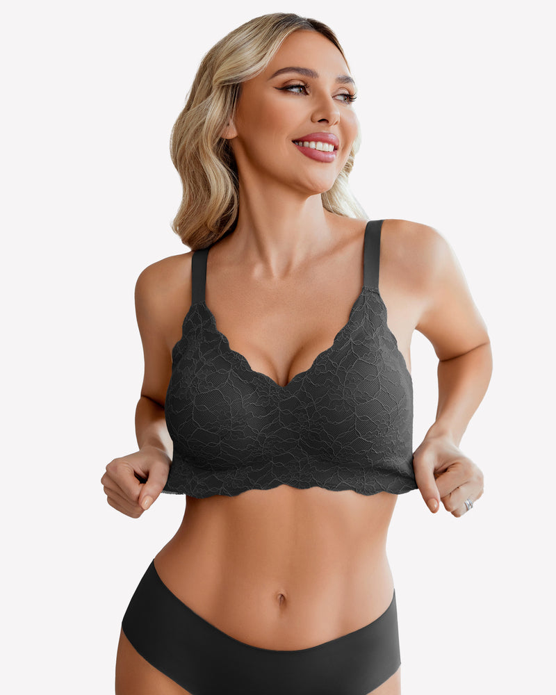 Dark gray lace wireless full coverage bra, comfortable and supportive, perfect for daily wear.